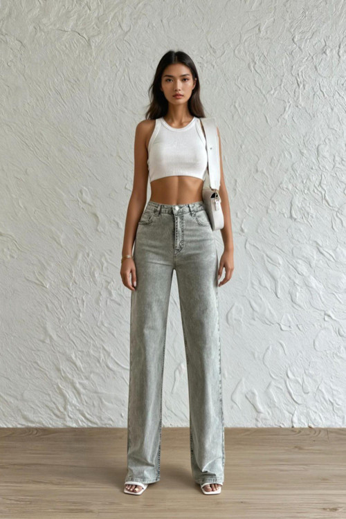 7869 Wide Leg Kadın Gül Baskılı Jean Pantolon