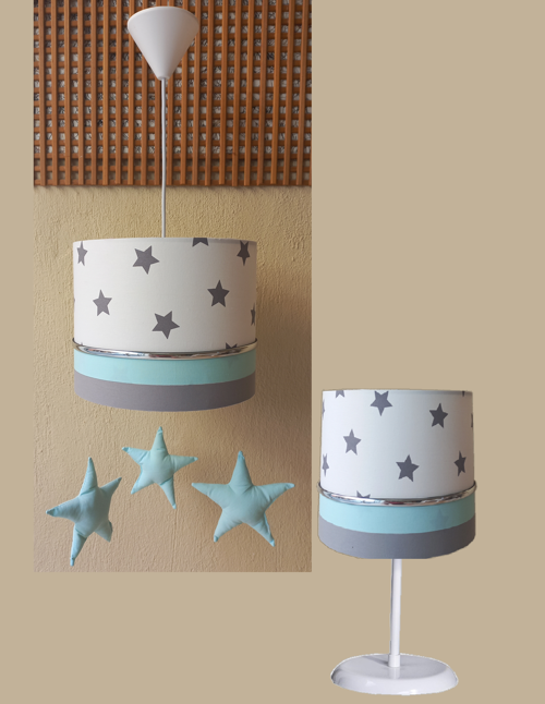 Yıldızlı Yeşil Sarkıtlı Kumaş Kaplama 2.li Set Bebek Odası Genç Ve Çocuk Odası Avize Ve Abajur Takımı