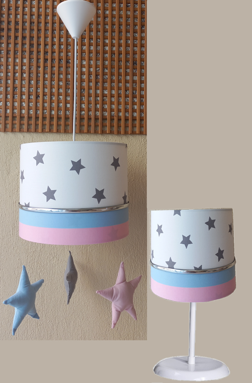 Yıldızlı Pembe Mavi Sarkıtlı Kumaş Kaplama 2.li Set Bebek Odası Genç Ve Çocuk Odası Avize Ve Abajur Takımı