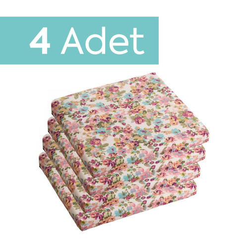 Sandalye Oturum Minderi Çiçekli 40x40x4 Bağcıklı Çıkarılabilir Kılıflı Su İtici Çok Renkli 4'lü