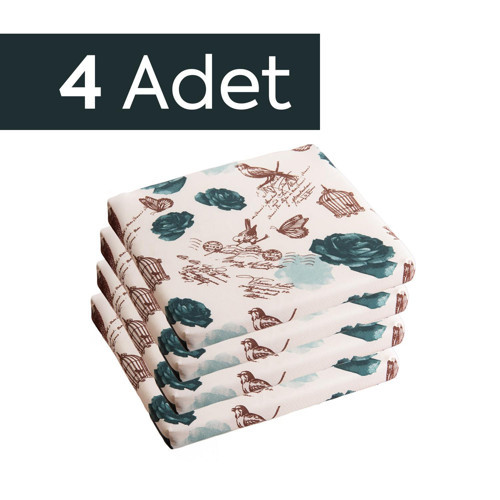Sandalye Oturum Minderi Çiçekli 40x40x4 Bağcıklı Çıkarılabilir Kılıflı Su İtici Yeşil 4'lü
