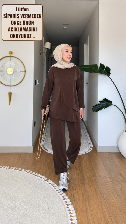Lacivert & Açık Kahve Asimetrik Kesim İnce Pike Kumaş İkili Takım – Modern ve Rahat Şıklık