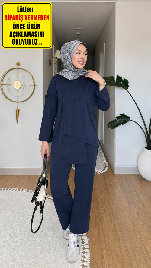 Lacivert & Açık Kahve Asimetrik Kesim İnce Pike Kumaş İkili Takım – Modern ve Rahat Şıklık