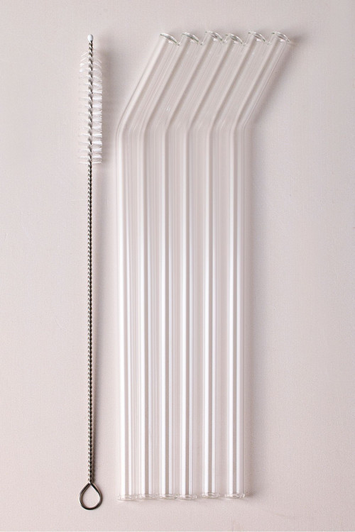 Straw 6'Lı Şeffaf Cam Eğimli Isıya Dayanıklı (Borosilikat) Pipet Ve 1 Adet Pipet Temizleme Fırçası