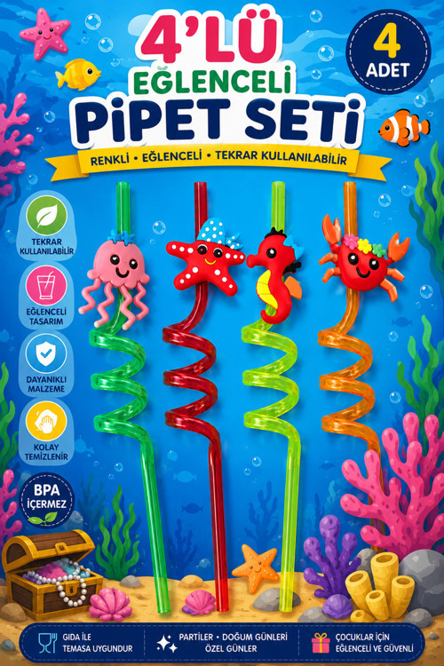 4’Lü Eğlenceli Figürlü Pipet Seti 26 Cm | Renkli Kıvrımlı Pipet | Çocuk Parti Doğum Günü Pipeti