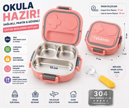 304 Paslanmaz Çelik 3 Bölmeli Çocuk Beslenme Kutusu Sızdırmaz Lunch Box Kaşık Çatal Dahil 17CM PEMBE