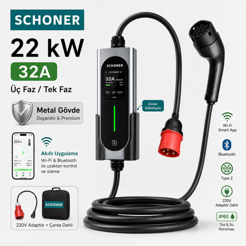 ® 22KW Taşınabilir Elektrikli Araç Şarj İstasyonu Wi-Fi/Bluetooth Smart 5 Metre Tip2 Kablolu Trifaz/Monofaz 32A 22kW/11kW/7.66kW/3.5kW (ChargePro22-APP)