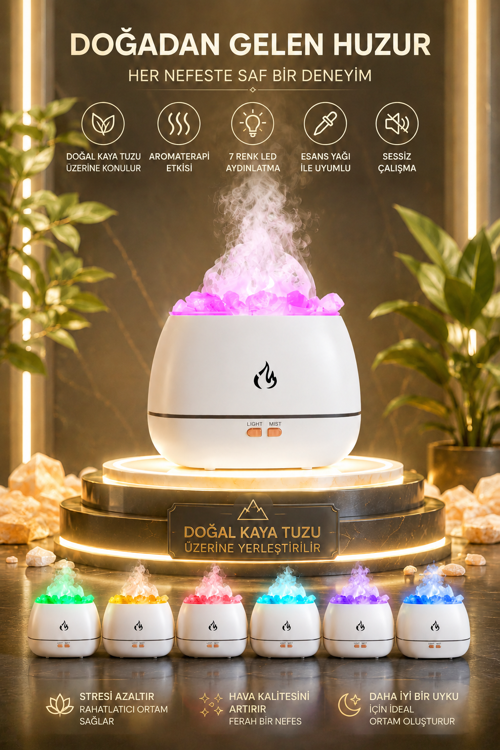 Doğal Kaya Tuzlu Aroma Difüzörü Ultrasonik Hava Nemlendirici 7 Renk LED Esans Yağı Uyumlu Sessiz Çalışma