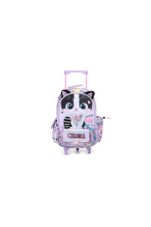 Dreamy Life Kedi Desenli 16 İnç Çekçekli Anaokulu Sırt Çantası – Peluş Kulaklı Lila Bt285