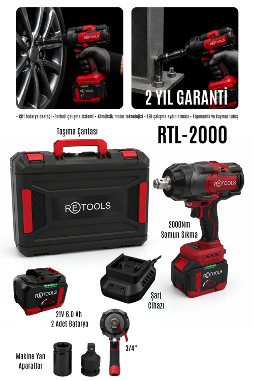 RTL-2000 21V 6.0 Ah Çift Akülü 2000 Nm Kömürsüz Motorlu 3/4" Yüksek Torklu Profesyonel Şarjlı Somun Sökme Sıkma Makinesi Seti