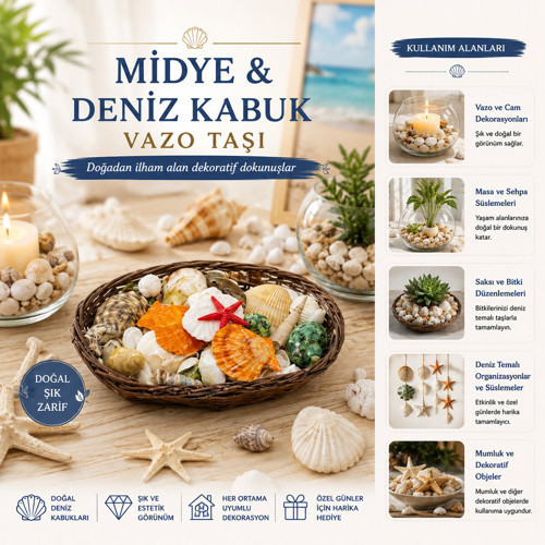 OVAL AHŞAP SEPET RENKLİ MİX MİDYE - DENİZ KABUK VAZO TAŞI (5264)