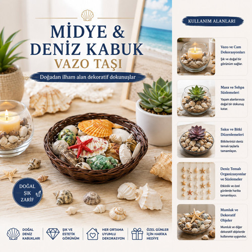 YUVARLAK AHŞAP SEPET RENKLİ MİX MİDYE - DENİZ KABUK VAZO TAŞI (5264)