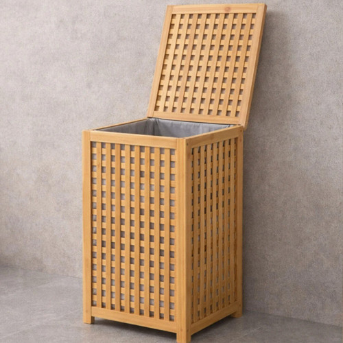 KALIN AHŞAP BAMBU KİRLİ ÇAMAŞIR SEPETİ KUMAŞ ÇANTALI SEPET=40X40X58CM (5264)