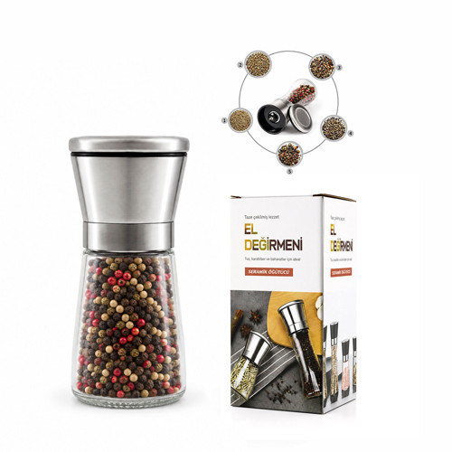 HAND GRINDER KÜÇÜK CAM HAZNELİ - KROM KAPLAMA PLS.KAPAKLI TUZ - BAHARAT ÖĞÜTÜCÜ İ22-411 (5264)