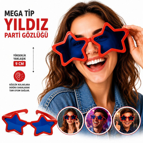 Mega Tip Yıldız Parti Gözlüğü Kırmızı Renk (5264)