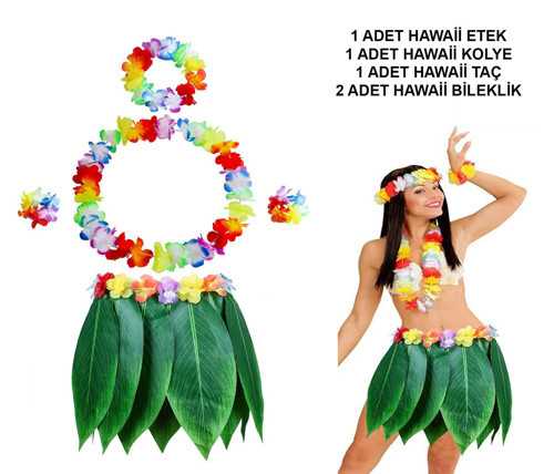 Yetişkin Hawaii Kostüm Seti - Yaprak Etek & Hawaii Set - 5 Parça (5264)