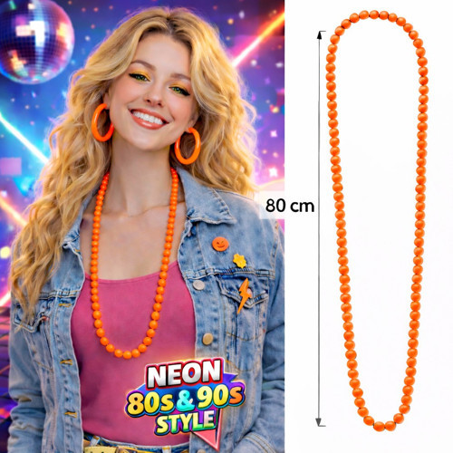 Neon Turuncu Boncuk Kolye 80 cm – Retro 80’ler 90’lar Parti Aksesuarı (5264)