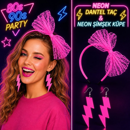 Neon Pembe Dantel Taç ve Şimşek Küpe 80'ler 90'lar Parti Seti (5264)