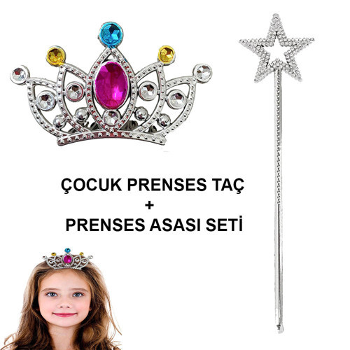 Çocuklar İçin Taraklı Prenses Tacı ve Prenses Yıldız Asa Seti Gümüş (5264)