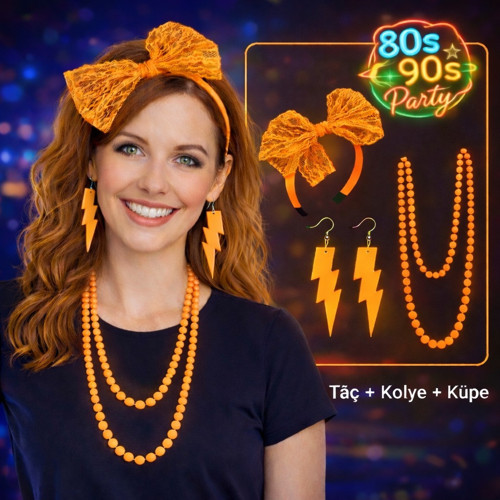 80’ler 90’lar Neon Turuncu Parti Seti – Kolye Küpe Taç (5264)