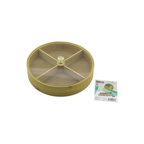 YUVARLAK 4 BÖLMELİ=2IN1=BÖLMESİZ ÇOK AMAÇLI KUTU AHŞAP BAMBU SERVİS SUNUM TEPSİ - TAHTASI 22CM (5264