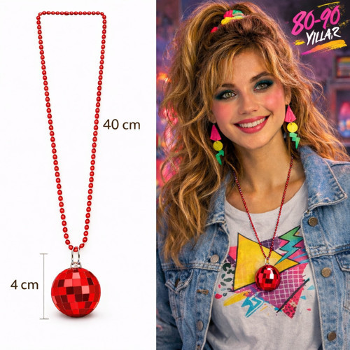 Retro Disko Topu Şekilli 80'ler 90'lar Kırmızı Renk Plastik Kolye (5264)
