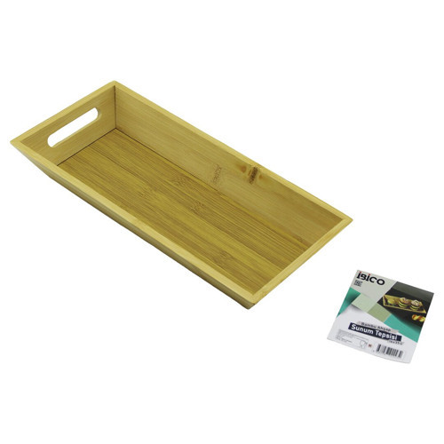 DİKDÖRTGEN=16X35CM DERİN=4.5CM AHŞAP BAMBU SUNUM TEPSİSİ ÇİFT OYMA KULPLU (5264)