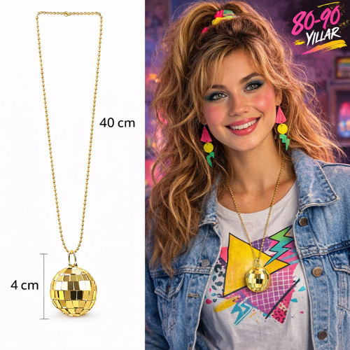 Retro Disko Topu Şekilli 80'ler 90'lar Altın Renk Plastik Kolye (5264)