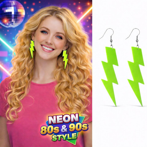 80’ler 90'lar Retro Neon Yeşil Şimşek Küpe 10 cm (5264)