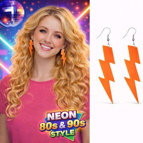 80’ler 90'lar Retro Neon Turuncu Şimşek Küpe 10 cm (5264)