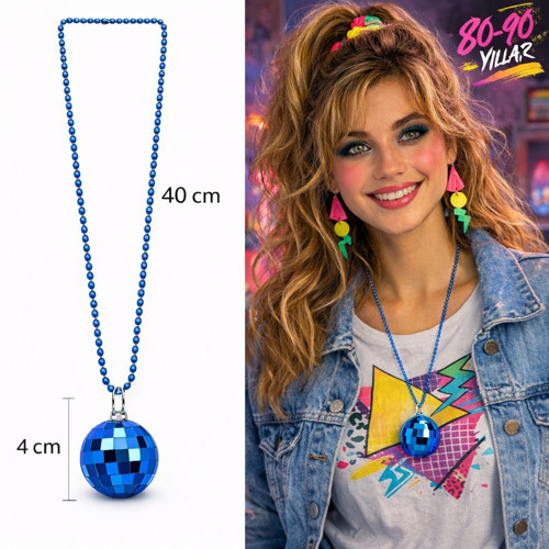 Retro Disko Topu Şekilli 80'ler 90'lar Mavi Renk Plastik Kolye (5264)