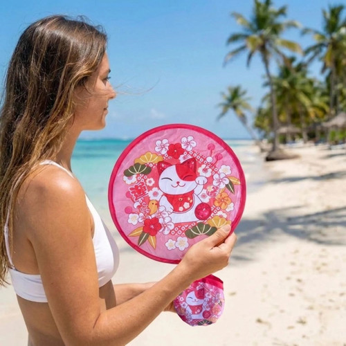 Şanslı Kedi (Maneki Neko) Desenli Katlanabilir Cep Yelpazesi - Kılıflı Sevimli El Yelpazesi (5264)