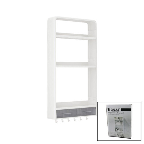 BEYAZ YAPIŞKANLI DUVAR ORGANİZERİ PLASTİK 3 RAF=14CM-19CM-30CM - 2 ÇEKMECE=40CM - 6 ASKI 19 PARÇA (5