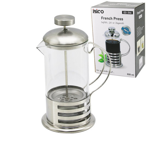 FRENCH PRESS METAL KAFES - METAL KAPAK 800ML CAM BİTKİ SÜZGEÇİ (5264)