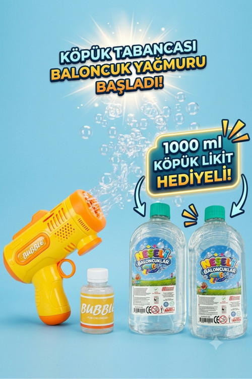 Pilli Otomatik Baloncuk Köpük Tabancası Bubble Gun 1000 Ml Köpük Likiti Hediyeli