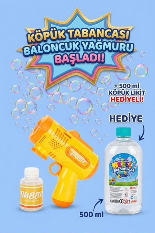 Pilli Otomatik Baloncuk Köpük Tabancası Bubble Gun 500 Ml Köpük Likiti Hediyeli