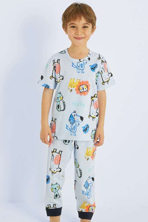 Erkek Çocuk %100 Pamuk Aslan Animal Baskılı Bisiklet Yaka Pijama Takım25110156
