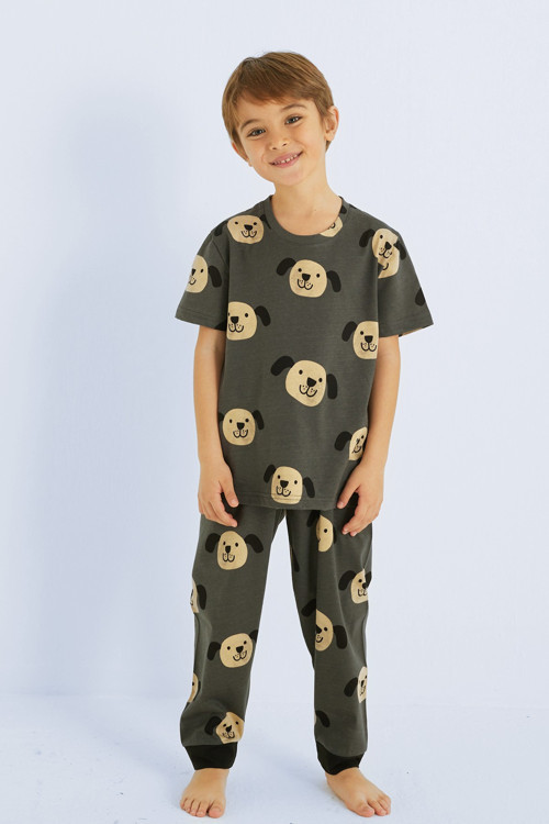 Erkek Çocuk %100 Pamuk Köpek Animal Baskılı Bisiklet Yaka Pijama Takım25110157