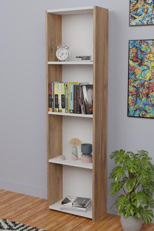 FurnatureDesign 5 Raflı Kitaplık Seti Arkalıklı Dar Raf Kütüphane 170 cm Beyaz - Atlantik Çam