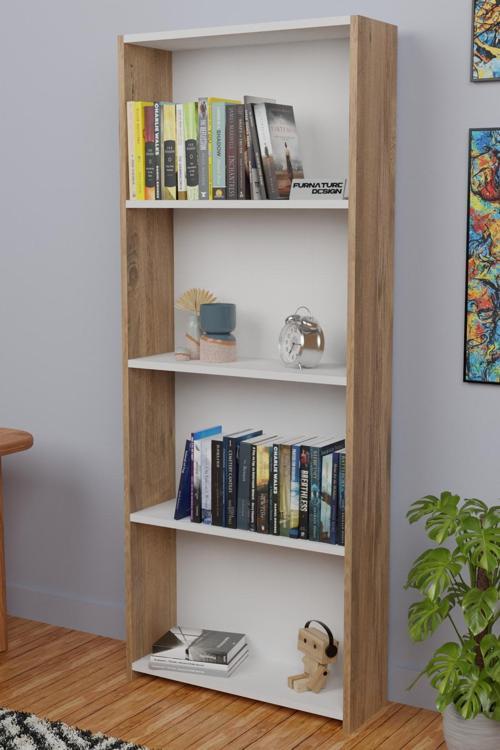 5 Raflı Kitaplık Arkalıklı Geniş Raf Kütüphane 170 cm Atlantik Çam - Beyaz