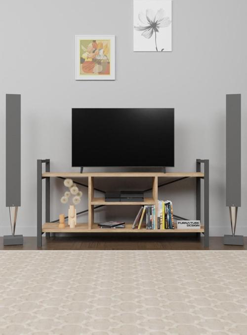 FurnatureDesign Tv Ünitesi Raflı Metal Ayaklı Tv Sehpası Atlantik Çam