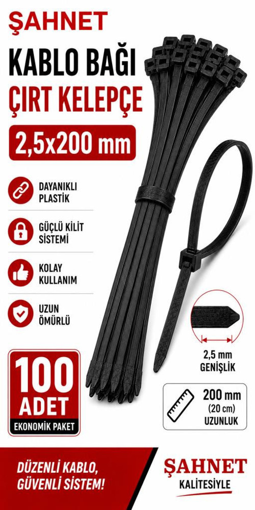2,5x200 mm Siyah Kablo Bağı (Çırt Kelepçe) 100 Adet - Plastik Kablo Toplama Bağı