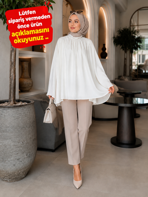 Tül Modal Astarlı Rahat Kalıp Tunik – Beyaz & Yağ Yeşili | Günlük ve Şık Tesettür Kombini