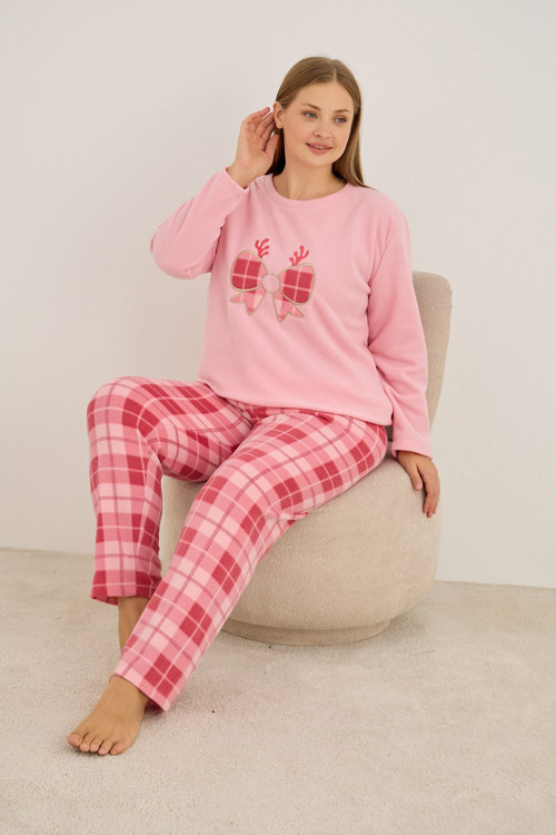 Nakışlı Ekoseli Büyük Beden Polar Kışlık Örme Pijama Takım 25222553