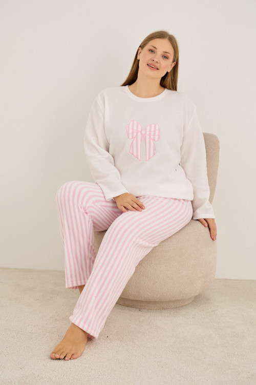 Nakışlı Büyük Beden Polar Kışlık Örme Pijama Takım 25222554