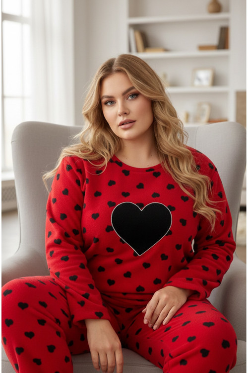 Nakışlı Büyük Beden Polar Kışlık Örme Pijama Takım 25222557