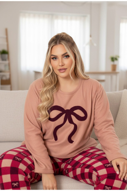 Nakışlı Desenli Büyük Beden Polar Kışlık Örme Pijama Takım 25227252