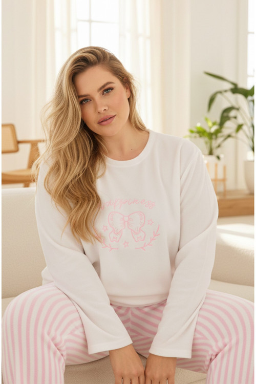 Nakışlı Büyük Beden Polar Kışlık Örme Pijama Takım 25222570