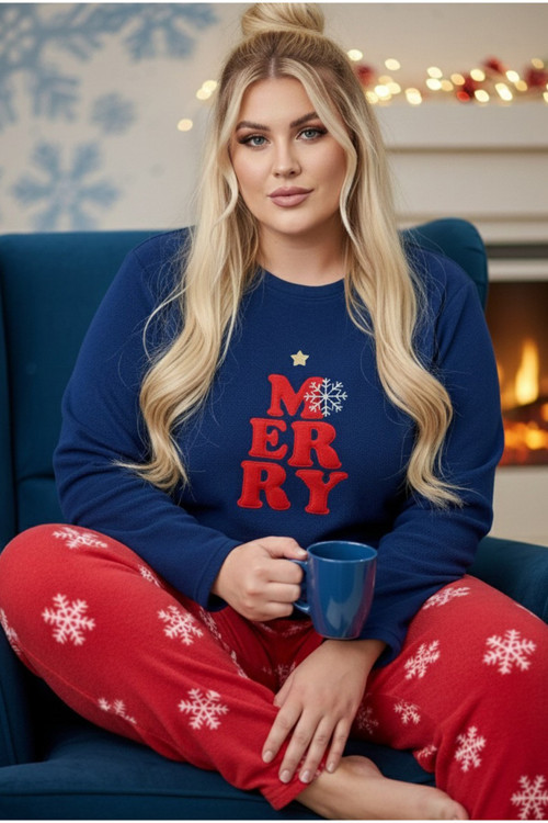 Nakışlı Büyük Beden Polar Kışlık Örme Pijama Takım 25222580