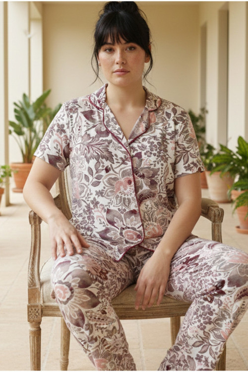 Büyük Beden Battal Boy Düğmeli Biyeli Viskon Örme Pijama Takım 26120965